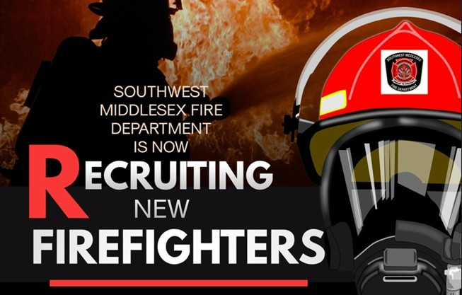 Southwest Middlesex fire department is recruiting new fire fighters. Image contains flames and an image of a fire fighter and fire fighter helmet