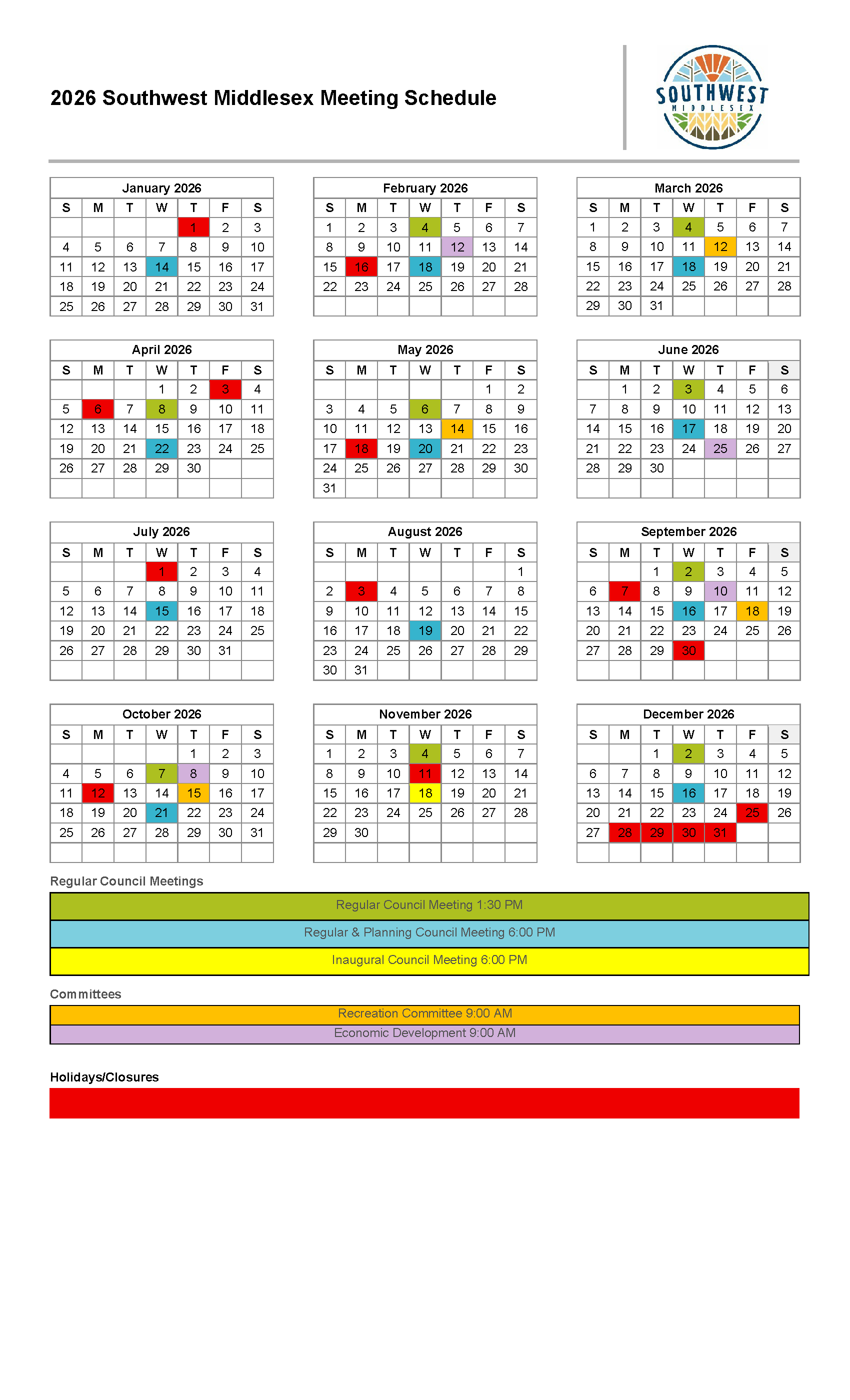 2026 Council and Committee Meeting Schedule