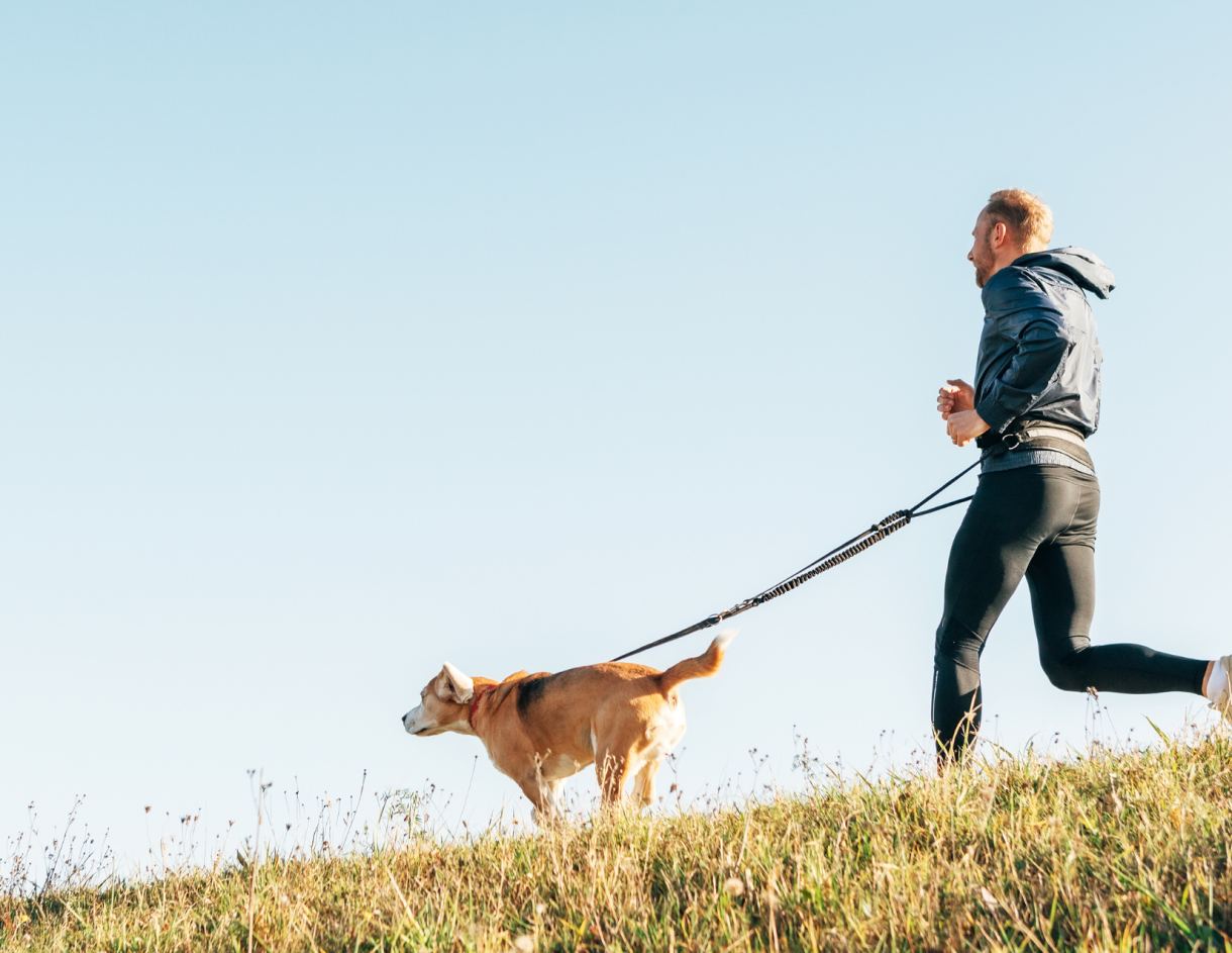 Man running with dog on leash image