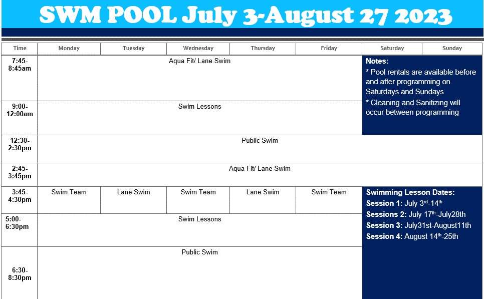 Pool Schedule July 3, 2023