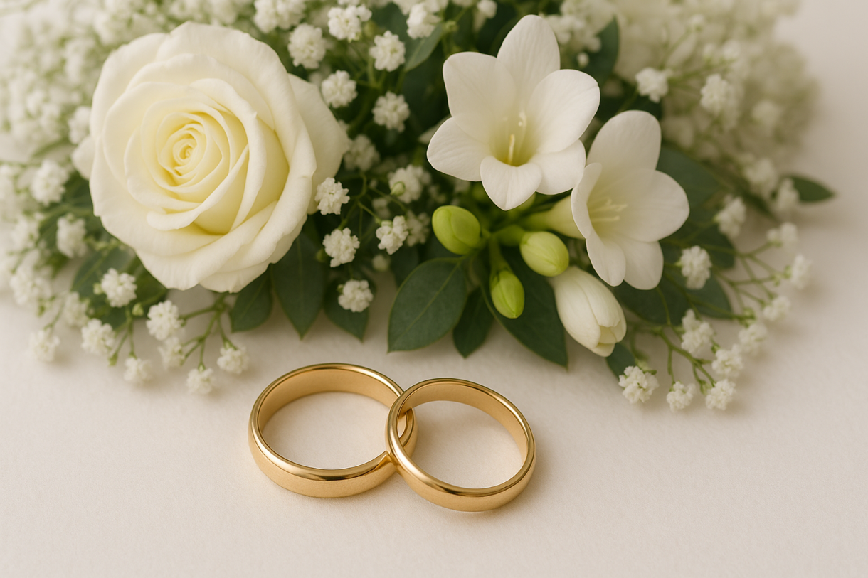Wedding rings in front of a white flowers