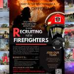 Southwest Middlesex Firefighter recruitment poster, with flames, firefighter, mask, details and benefits