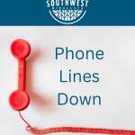 red phone with phone cord. blue banner along the top with a white southwest middlesex logo. words phone lines down